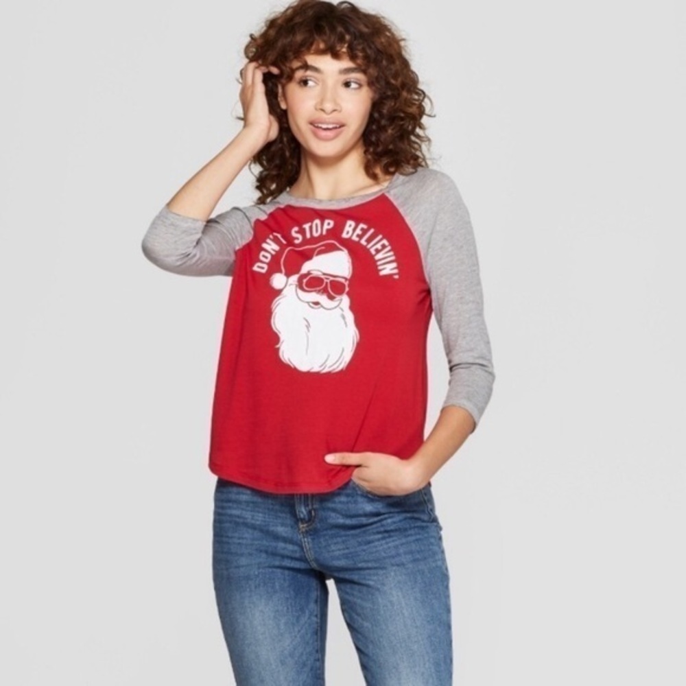 NWOT Don’t Stop Believin’ Santa Christmas Tee New Holiday Whimsical Funny Cheugy